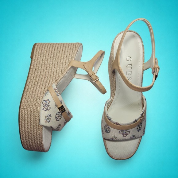 New Guess Women's Taani White/Beige Rainbow Logo Platform Wedge Sandals, 11 M - Picture 5 of 9